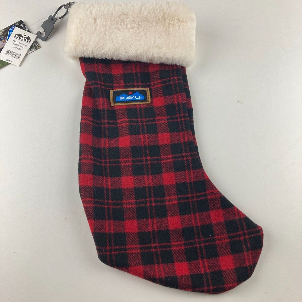 KAVU Christmas Stocking Lumberjack Red Black Plaid Faux Fur Cuff NWT
